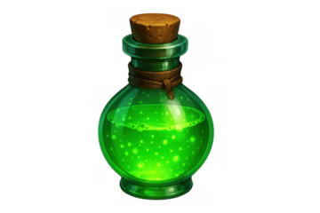Green glowing potion bottle with cork, liquid bubbling, magic elixir for fantasy game assets, transparent background