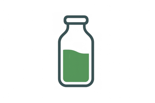 Glass bottle with green liquid, simple icon representing drink, beverage, or potion, transparent background illustration