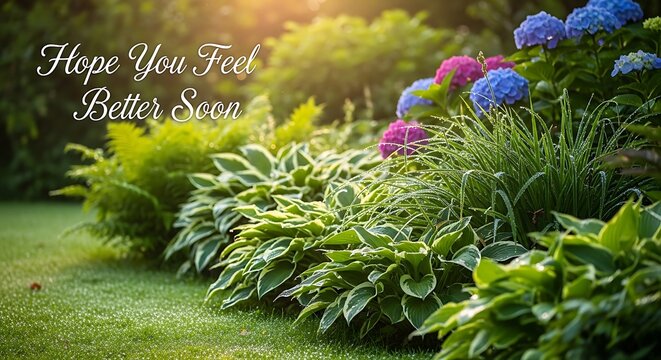 A vibrant garden scene with lush greenery and colorful hydrangeas, conveying a message of hope and wellbeing for a speedy recovery