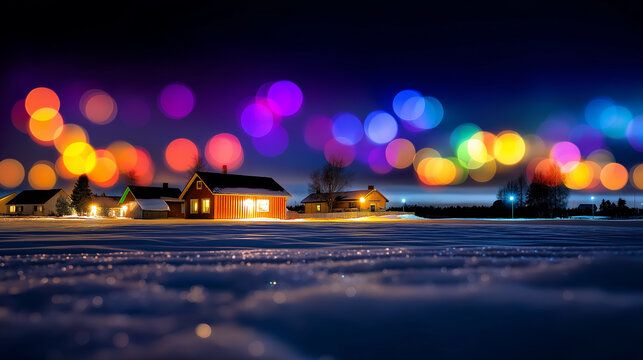 Defocused bokeh of colorful lights across a snowy landscape, subtle silhouettes of village houses in the background, with copy space.