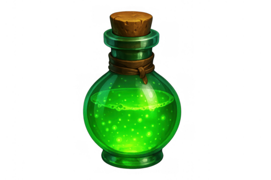 Green glowing potion bottle with cork, liquid bubbling, magic elixir for fantasy game assets, transparent background