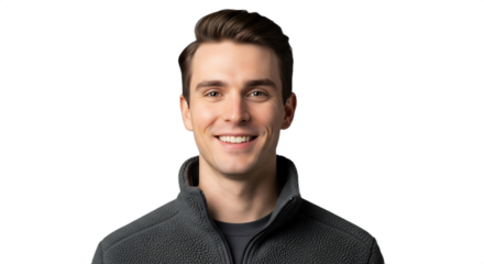 Smiling 28-32-year-old Caucasian ice skating coach in a fleece jacket, isolated on transparent background. Ideal for winter sports, fitness, youth programs, holiday promotions,