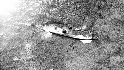 Panoramic aerial view of the historic Mildura Wreck shipwreck surrounded by reef and ocean