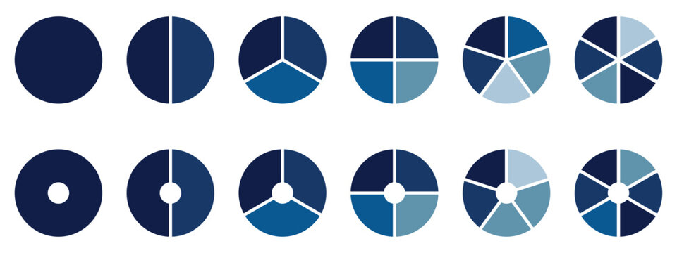 Set of colorful pie charts. Colorful pie charts with varying segments. Circle section graph. Pie chart set. Pie charts diagrams. Different color circles. donut and pie chart infographic elements .