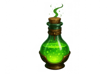 Green glowing potion bottle with smoke, a fantasy elixir for alchemy and magic, game ui element or icon