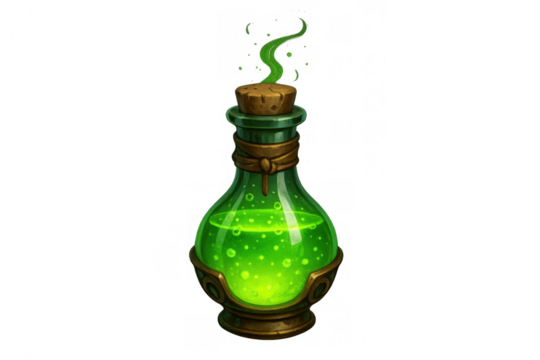 Green glowing potion bottle with smoke, a fantasy elixir for alchemy and magic, game ui element or icon