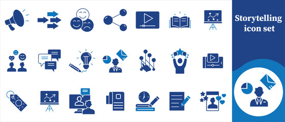 Naklejka premium Storytelling icon set, storytelling, narrative, story, book, open book, author, writer, creativity, imagination, script, plot, character, dialogue, scene, storyboard, idea, lightbulb, quill, and more