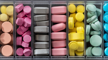 oligarchy. Pill organizer with tablets in sequence, clinical top view, geometric arrangement. STEM education sheets, lab safety posters, designed for biotech research communications.