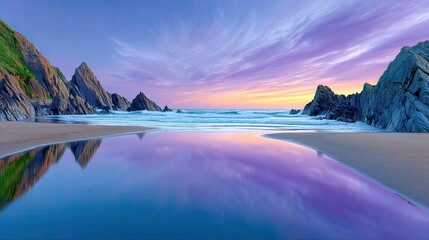 Dramatic Coastal Dusk Scene With Jagged Rock Formations Reflecting In Calm Water Under A Vibrant Purple And Orange Sky With Wispy Clouds