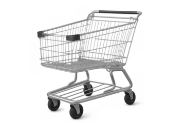 Empty metal shopping cart for product placement, shopping, ecommerce, retail, consumerism, and grocery store concepts. Transparent background