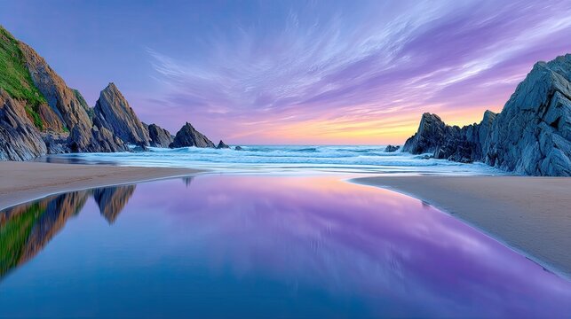 Dramatic Coastal Dusk Scene With Jagged Rock Formations Reflecting In Calm Water Under A Vibrant Purple And Orange Sky With Wispy Clouds