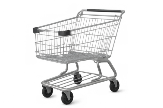 Empty metal shopping cart for product placement, shopping, ecommerce, retail, consumerism, and grocery store concepts. Transparent background