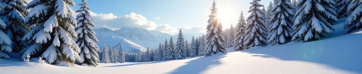 Majestic Snow-laden Pines A Serene Winter Landscape in a Sun-drenched Majestic Woods, casting long shadows across pristine snow.