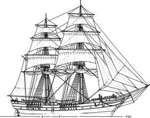 Historic tall sailing ship illustration, vintage nautical vessel, maritime rigging drawing, ocean exploration, antique clipper silhouette, blueprint style