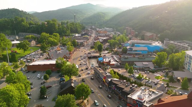Gatlinburg, Tennessee with modern tourist infrastructure on vibrant main street with cafes, stores and attractions.