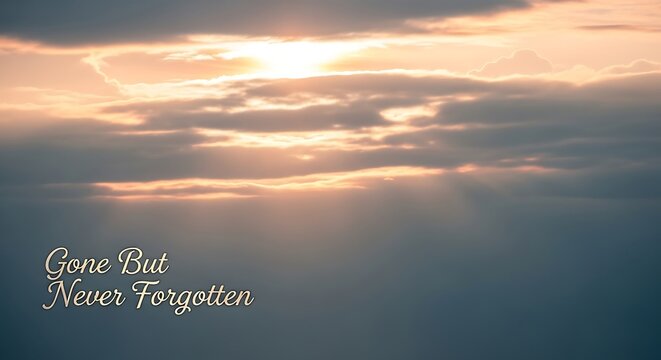 Sun rays pierce through the clouds, creating a heavenly scene with a message of remembrance and hope, symbolizing eternal love and lasting memories