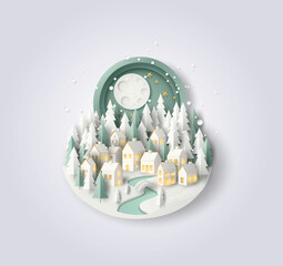 Paper cut winter village with pine forest river and full moon in snowy christmas night background