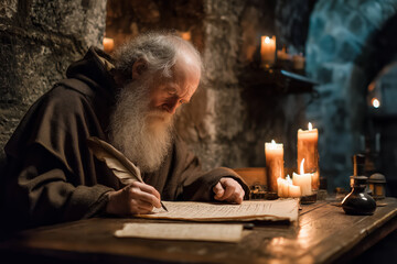 a monk in a monastery working with on an old manuscript
