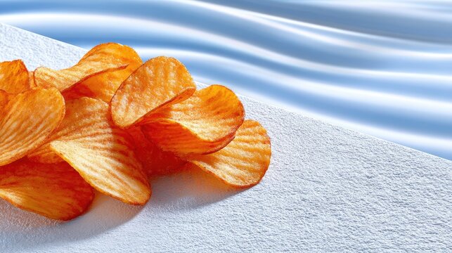 Golden Potato Chips Stacked on a White Surface with a Wavy Blue Background Suggesting Refreshment and Crispiness