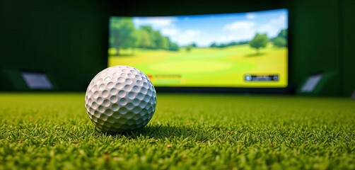 White golf ball with black dot rests on green field, enclosed by green wall Golf simulator in background, golf,  simulator
