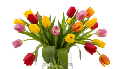 A vibrant bouquet of colorful tulips in full bloom, isolated on transparent background, showcasing the beauty and freshness of spring flowers in a glass vase, perfect for a cheerful gift