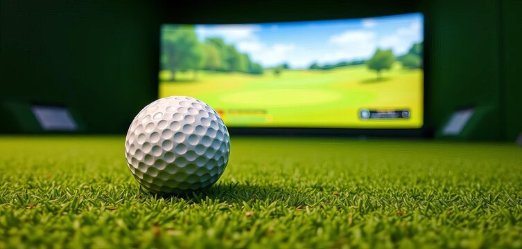 White golf ball with black dot rests on green field, enclosed by green wall Golf simulator in background, golf,  simulator