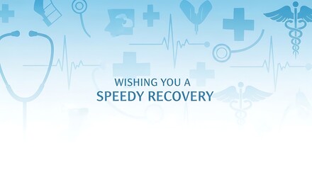 Wishing you a speedy recovery message with medical icons on blue background for encouragement and support during illness or recovery