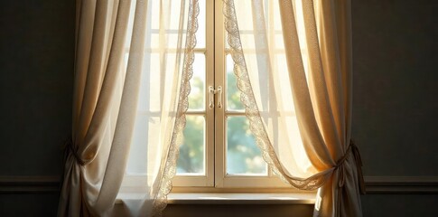 Intricate lace curtains obscure a window, casting delicate shadows on the wall The unseen view adds an air of mystery and elegance to the room's interior , white, textile