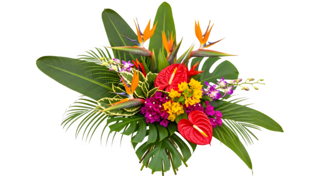 An exquisite floral arrangement showcases a vibrant mix of tropical flowers, isolated on transparent background, evoking feelings of paradise, celebration, and the exotic beauty of nature