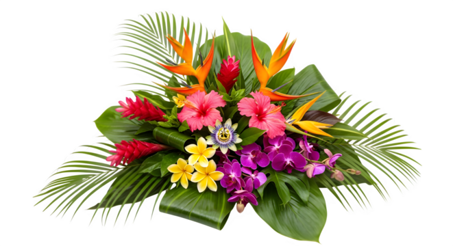 A vibrant tropical flower arrangement isolated on transparent background showcases a stunning array of colors and textures, perfect for adding a touch of exotic beauty to any project or design
