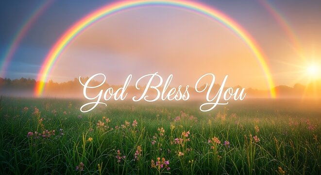 A serene landscape featuring a vibrant rainbow arcing over a lush green field at sunset with the words god bless you overlaid in elegant script