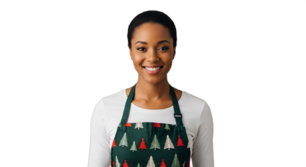 Smiling 36-41-year-old Black woman, a professional gift wrapper, wearing a festive apron over a white shirt, ideal for holiday campaigns, small business branding, retail promotions, e-commerce,