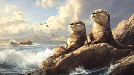 Charming Sea Otters Observing Coastal Scenery with Waves and Distant Mountain