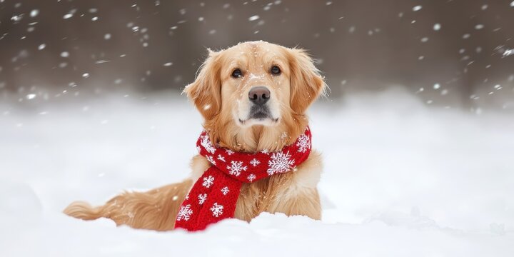  golden retriever wearing a red scarf sits gracefully in the snow, surrounded by falling snowflakes, creating a cozy winter scene.