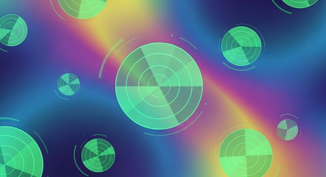 Futuristic Green Radar Scans Floating Across a Vibrant Cosmic Gradient Background.