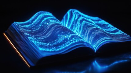 Open book featuring digital wave patterns glowing with vibrant blue light
