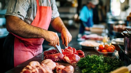 Professional butcher expertly cuts fresh red meat in a vibrant kitchen setup