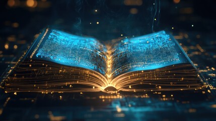 Digital enlightenment, an open book reveals knowledge through glowing technology