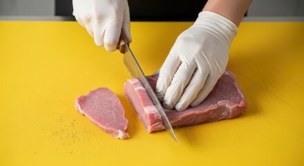 Chef wearing white gloves carefully slicing raw pork loin on a bright yellow cutting board