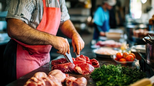 Professional butcher expertly cuts fresh red meat in a vibrant kitchen setup