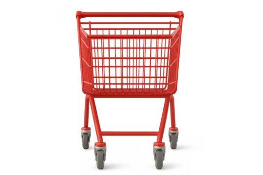 Red empty shopping cart for retail, consumerism, and grocery shopping, clipping path, transparent background