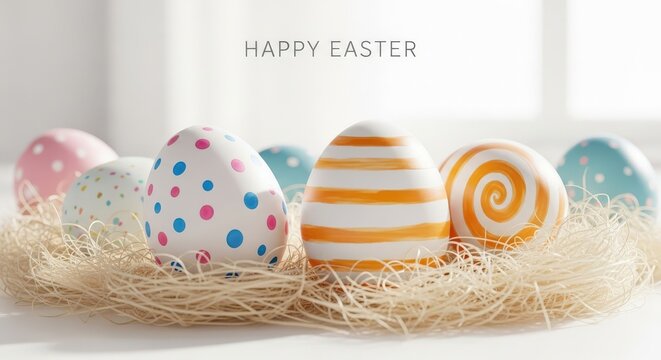 Colorful easter eggs decorated with patterns and stripes nestled in straw for spring celebration