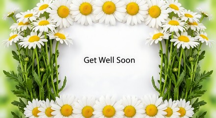 Get well soon message on white background surrounded by daisy flowers, a cheerful and thoughtful way to send your best wishes to someone