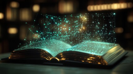 Digital knowledge flowing from an open book, technology and learning concept