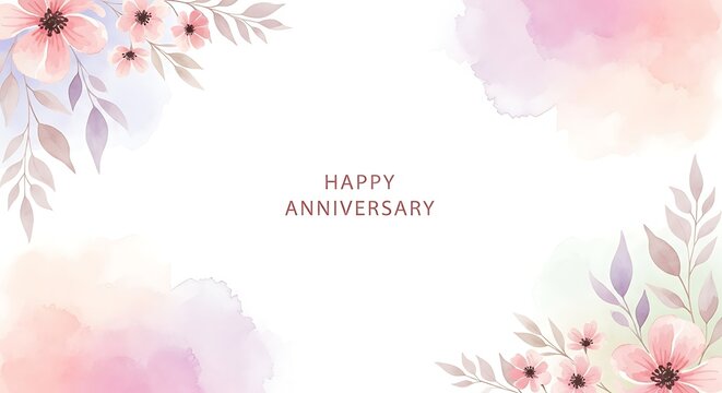 Happy anniversary watercolor floral background with soft pastel colors, delicate flower and leaves arrangement isolated on white background