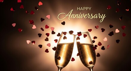 Celebrating a happy anniversary with champagne glasses and falling hearts, creating a romantic and festive atmosphere for a special milestone event