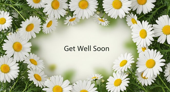 Get well soon message with a frame of white daisies and green leaves, a heartfelt wish for a speedy recovery and good health