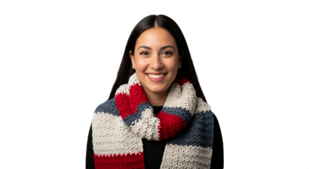 Smiling Hispanic woman, 27-31, a winter clothing designer in her unique, chunky scarf, perfect for seasonal fashion, holiday promotions, or professional branding. Photorealistic studio portrait,