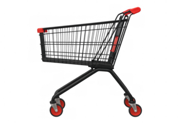 Shopping cart in black and red, representing retail, consumerism, purchasing, and marketing concepts