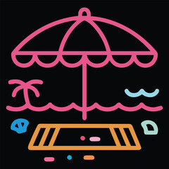 Pink beach umbrella on towel with palm tree and ocean waves vector